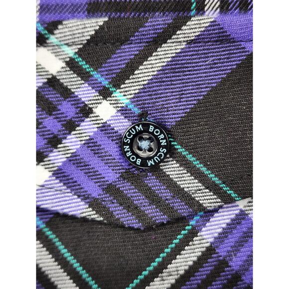 Born Scum Bottom Feeder Shirt Mens Medium Purple Black Plaid Flannel Button Down - Picture 9 of 16